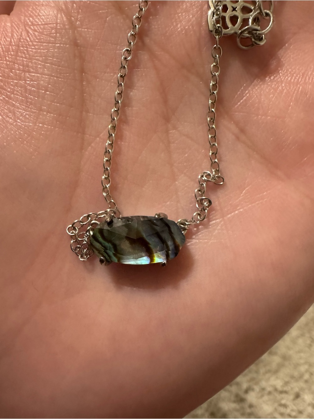 Kendra Scott Silver Necklace with Iridescent Abalone Bar Pendant